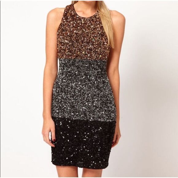 French Connection Sequin Cocktail Dress Metallic Colorblock Stripe Gold Silver 4 - Picture 1 of 10